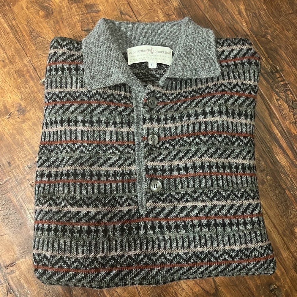 Peruvian Connection Gray and Red Patterned Sweate… - image 2